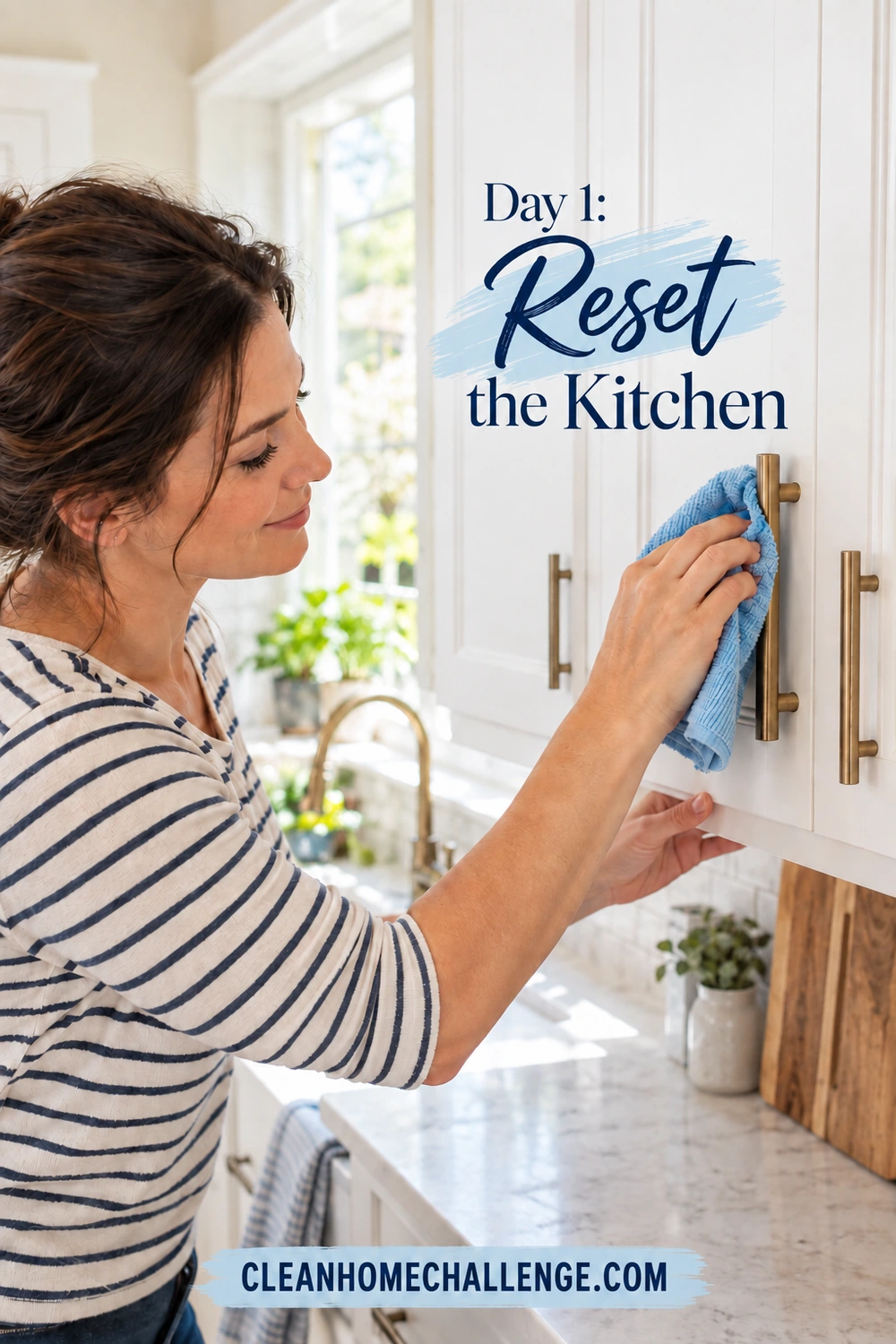A woman wiping a brass kitchen cabinet handle with a blue cloth, with “Day 1: Reset the Kitchen.”