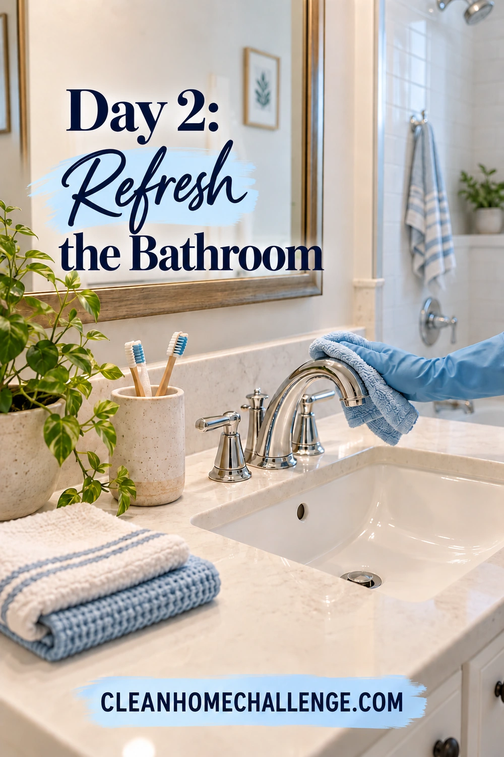 A blue-gloved hand drying a chrome bathroom faucet with a cloth, with “Day 2: Refresh the Bathroom.”