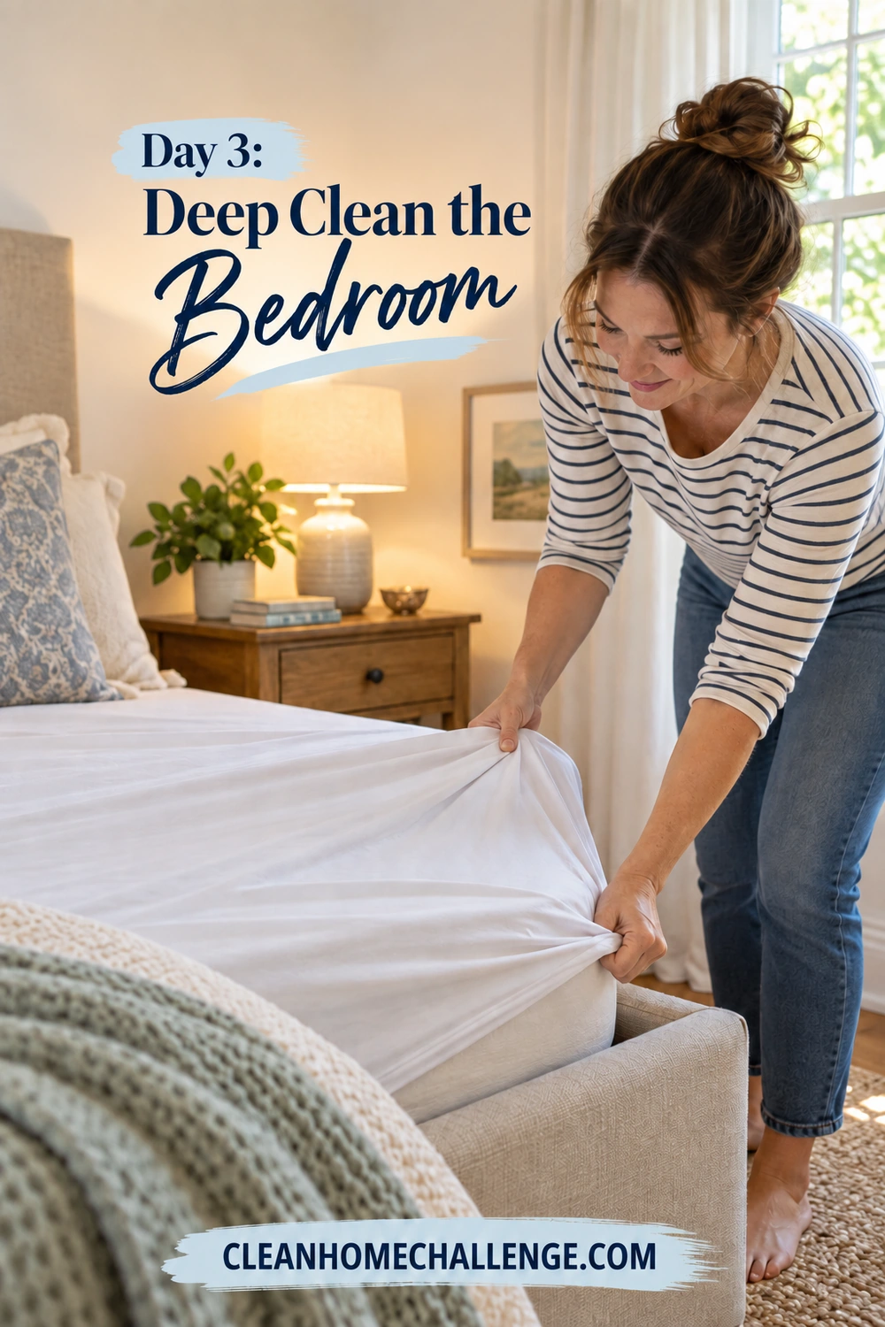 A woman pulling a white fitted sheet over a mattress corner, with “Day 3: Deep Clean the Bedroom.”