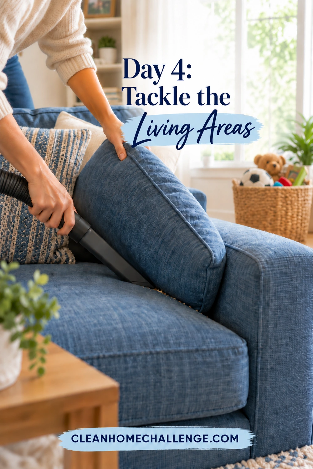 Hands lift a blue sofa cushion while vacuuming crumbs from its seam, with “Day 4: Tackle the Living Areas.”