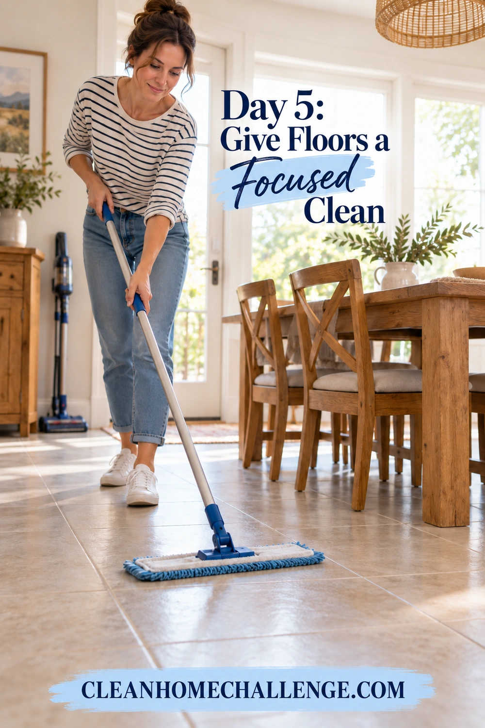 A woman holding a blue flat mop on the tile floor beside a dining table, with “Day 5: Give Floors a Focused Clean.”