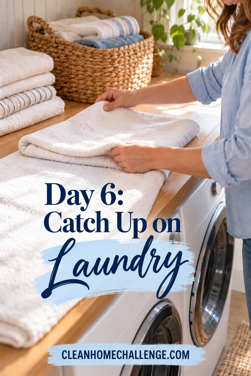 A woman folding a white towel on a counter above laundry machines, with “Day 6: Catch Up on Laundry.”