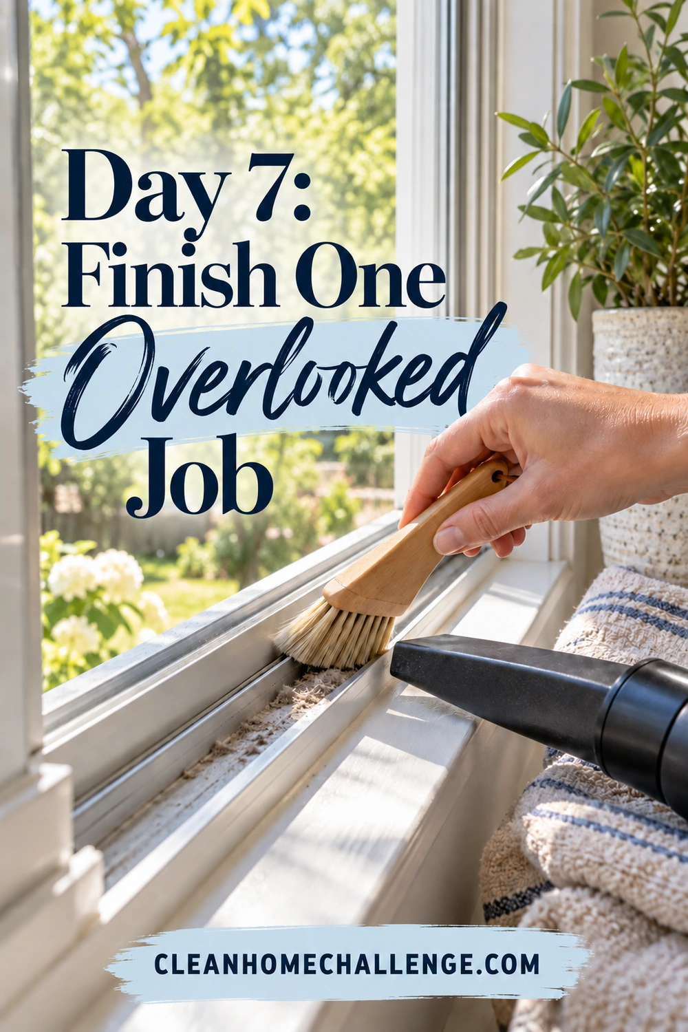 A hand brushing dust from a window track toward a vacuum nozzle, with “Day 7: Finish One Overlooked Job.”