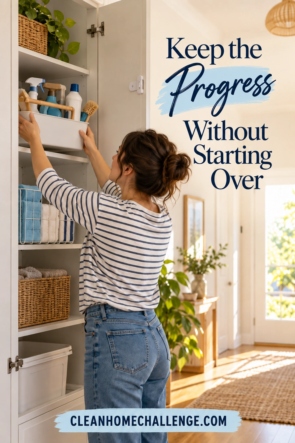 A woman returning a cleaning caddy to a high cabinet shelf, with “Keep the Progress Without Starting Over.”