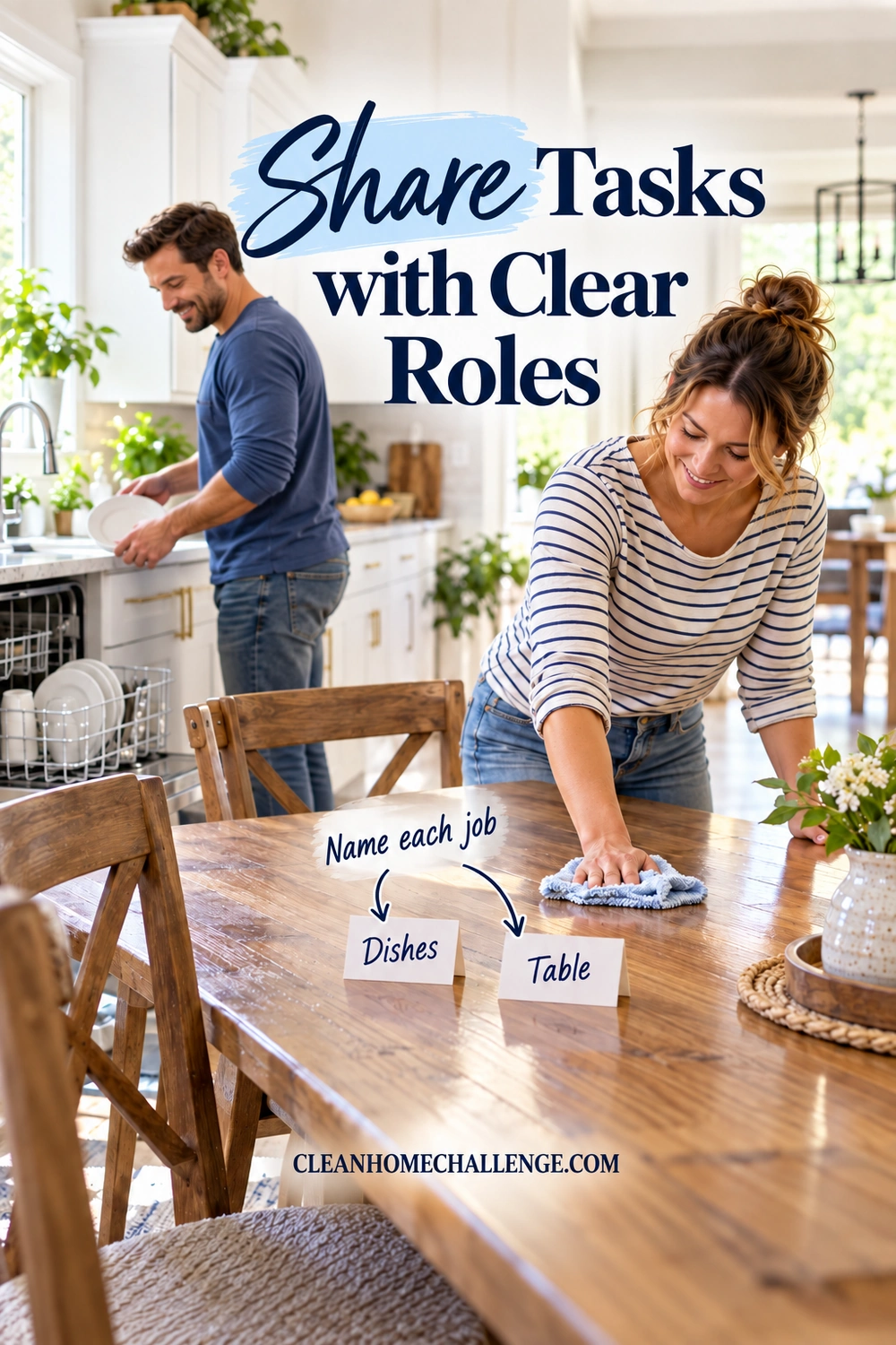 Two adults share a kitchen reset, one loading dishes and one wiping the table.
