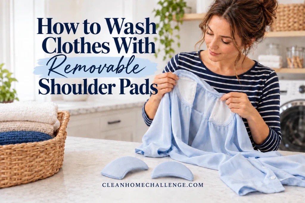 Woman examining a pale blue blouse beside two removed fabric-covered shoulder pads on a laundry counter.