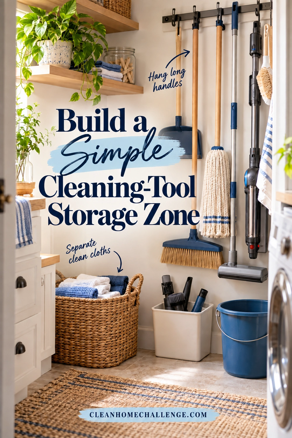 A laundry alcove stores long-handled tools and a vacuum on a wall rack above a cloth basket, an attachment bin, and an empty blue bucket.