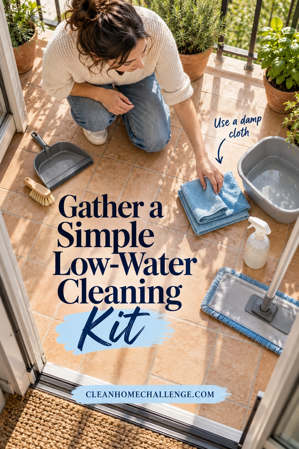 An overhead view shows a woman reaching for folded blue cloths among a dustpan, soft brush, basin, bottle, and flat mop on balcony tiles.