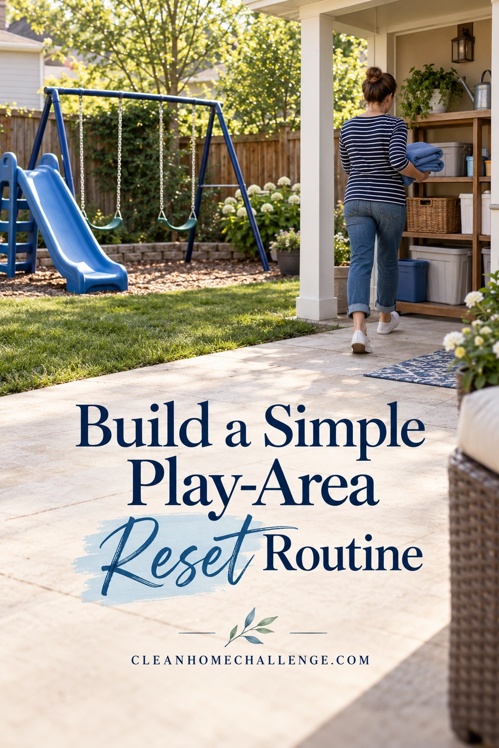 A woman carries folded blue cloths toward covered storage beside a dry backyard slide and swing set.