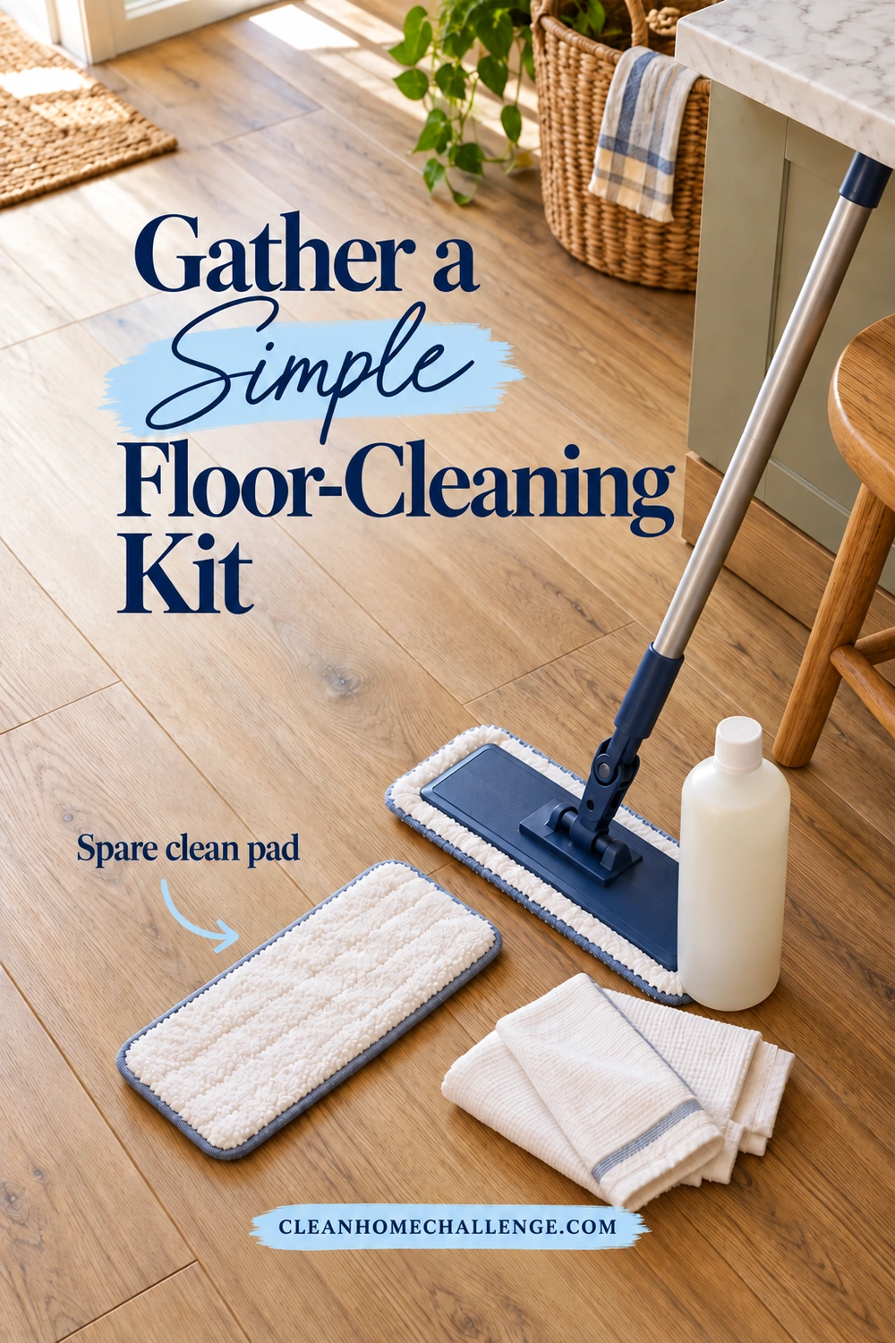 Blue flat mop, spare microfiber pad, folded white cloths, and a cleaner bottle arranged on wood-look vinyl planks beside a kitchen bench.