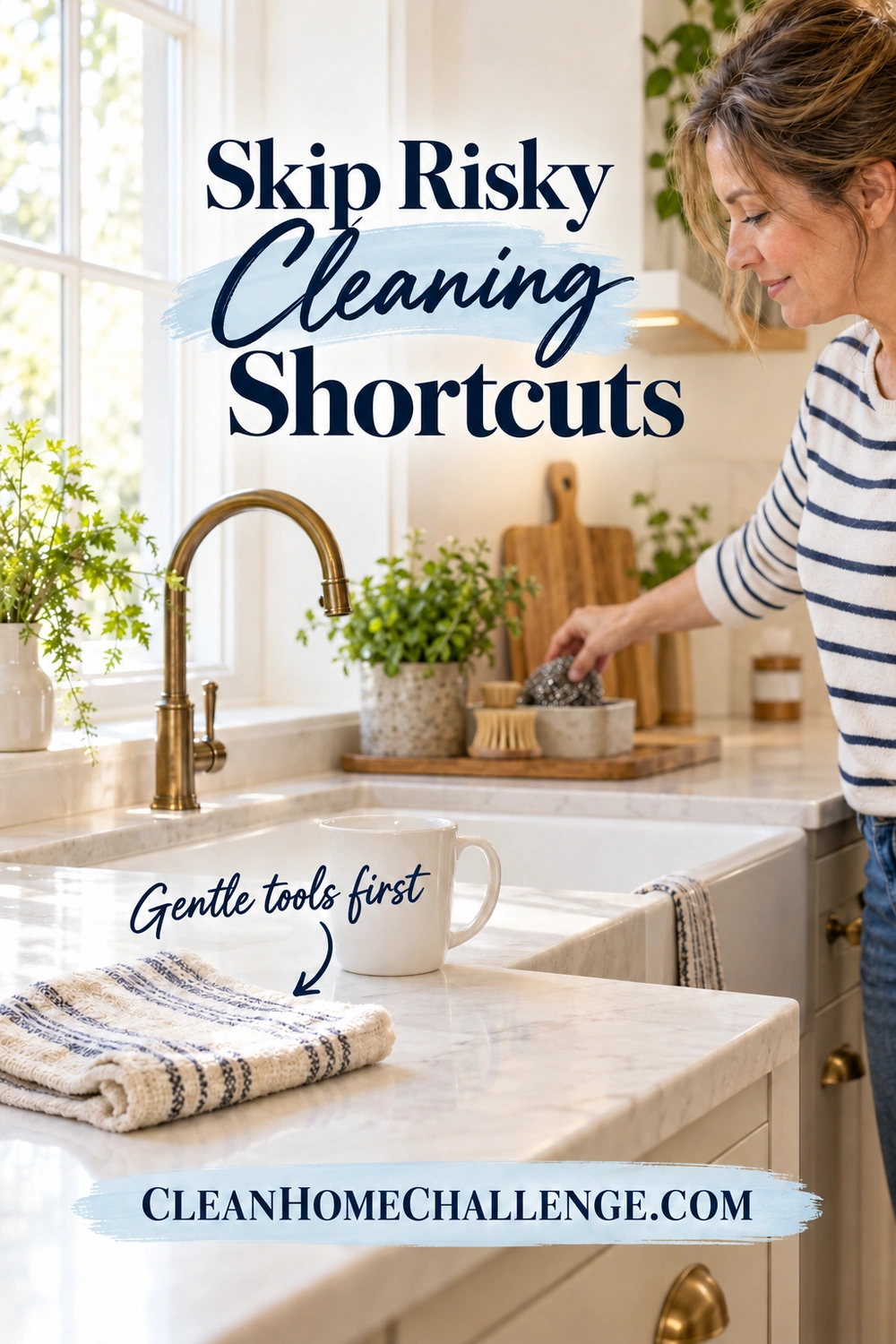A woman puts a metal scourer into a caddy behind the sink while a soft striped cloth and plain white mug sit separately on the foreground counter.