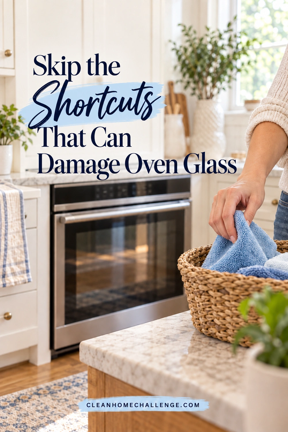 A hand lifts a soft blue cloth from a woven basket on a kitchen counter, with a closed oven in the background.