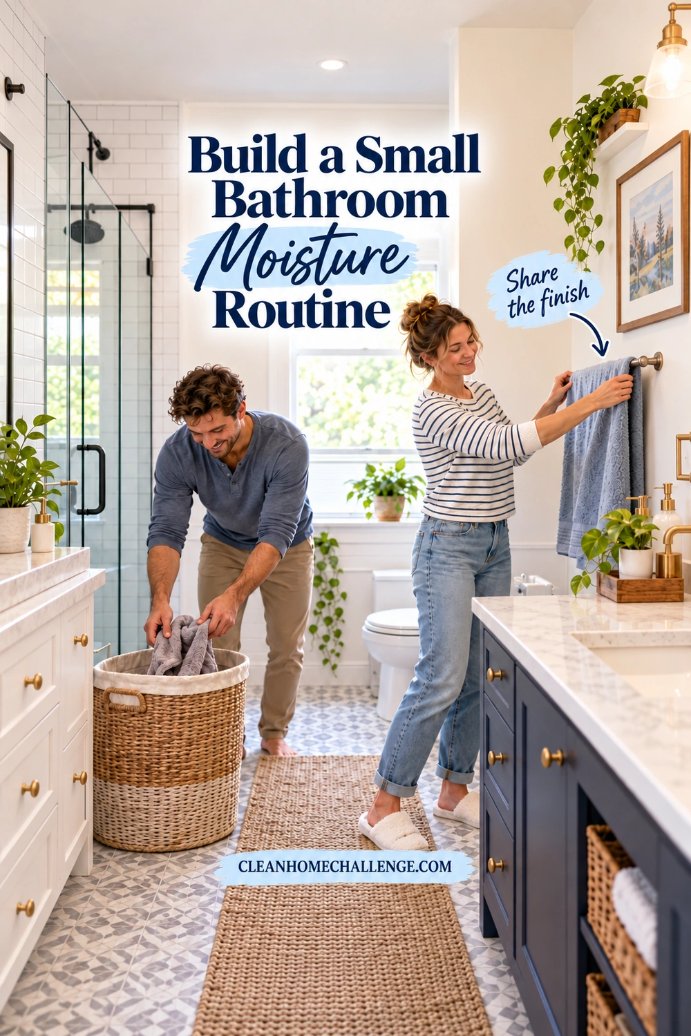 Two adults spread separate towels on a bathroom rail with a squeegee stored nearby.