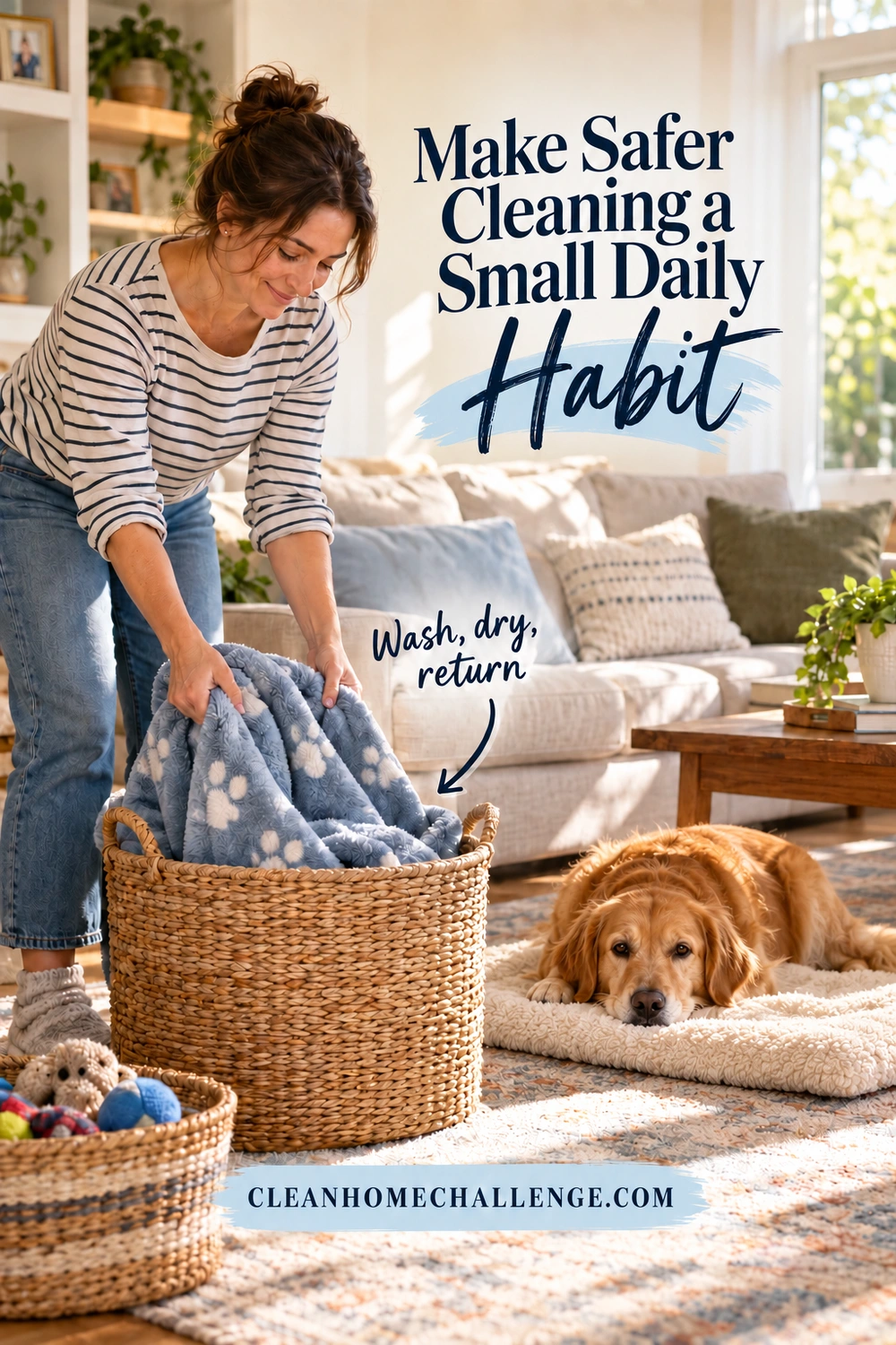 Woman placing a blue paw-print blanket in a woven laundry basket while a golden dog rests on a plush bed beside the sofa.