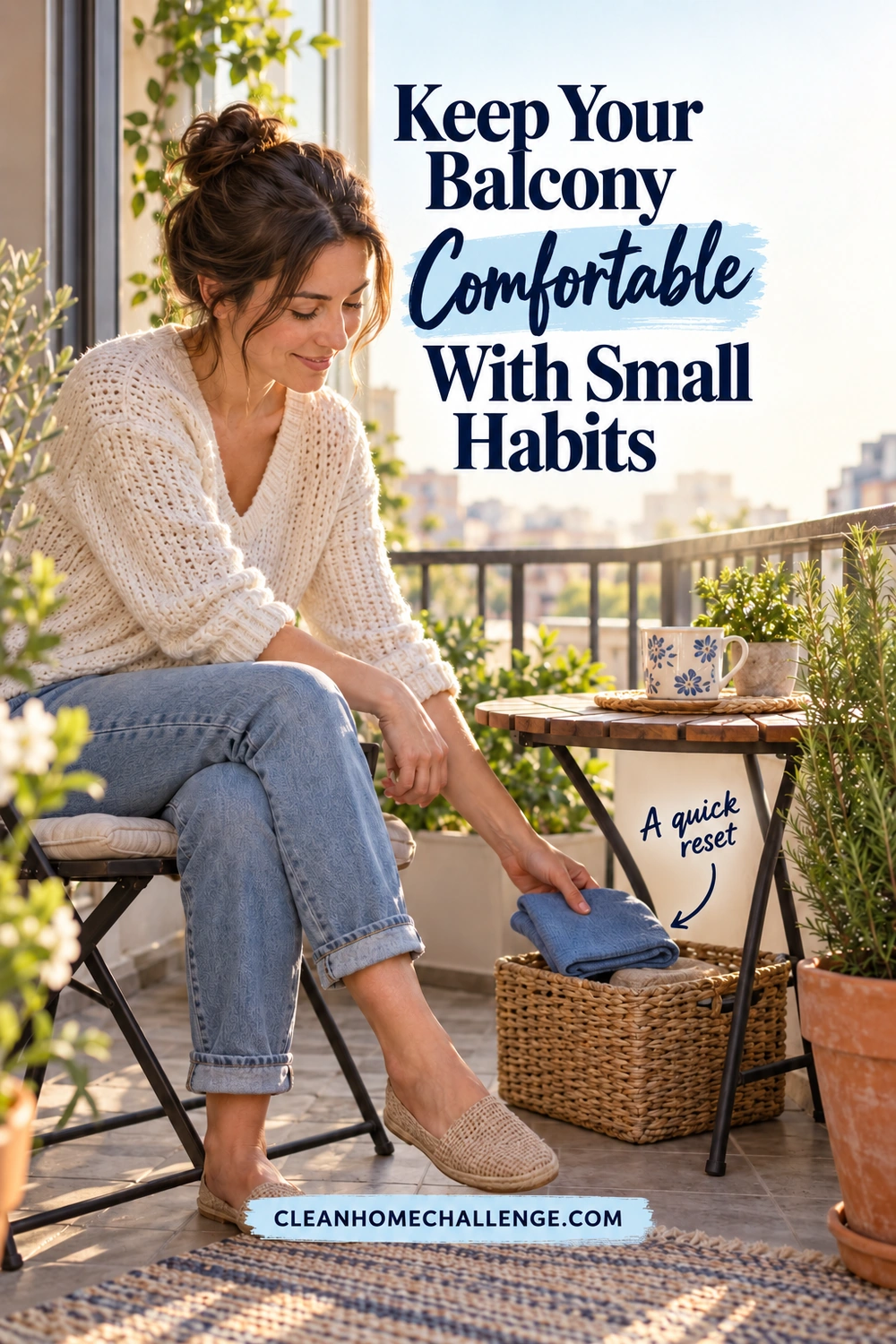 A seated woman places a folded blue cloth in a basket beneath a balcony table holding a patterned coffee mug.