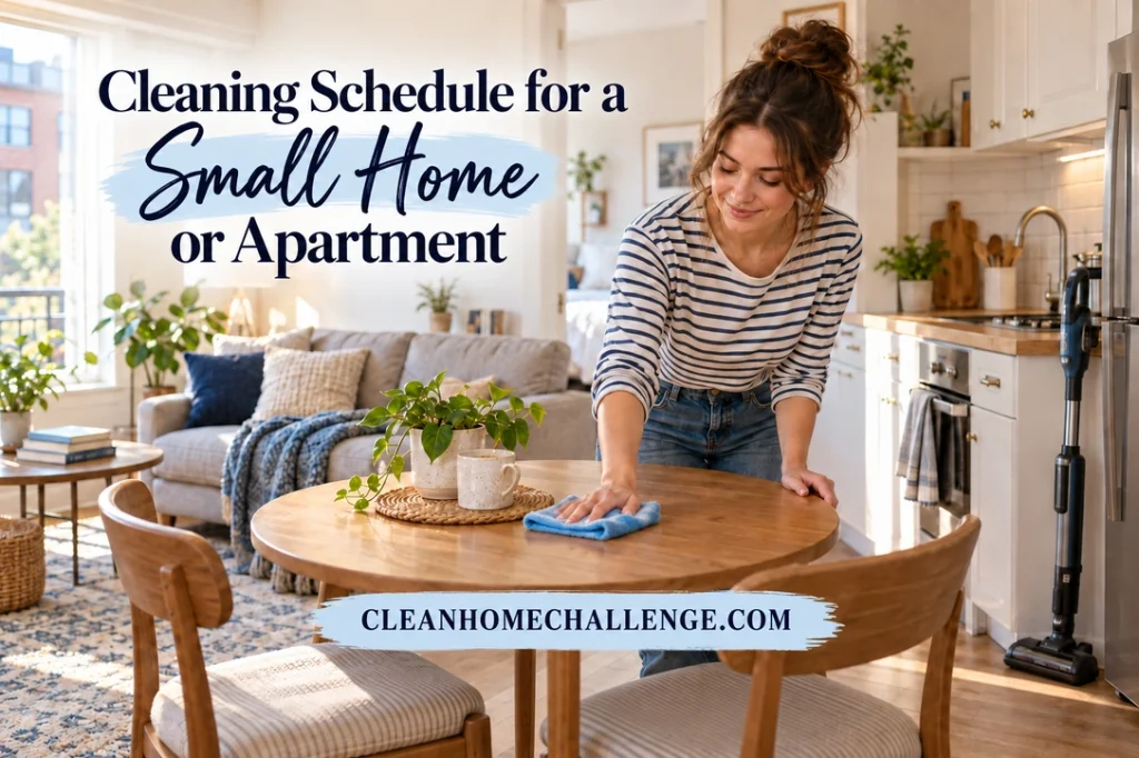 A woman wipes a small round dining table in a compact apartment, with a galley kitchenette and sofa behind her.