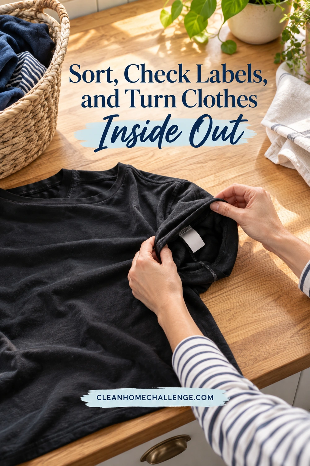 Hands with striped sleeves open a black T-shirt to reveal an inside seam and care tag on an oak laundry counter.