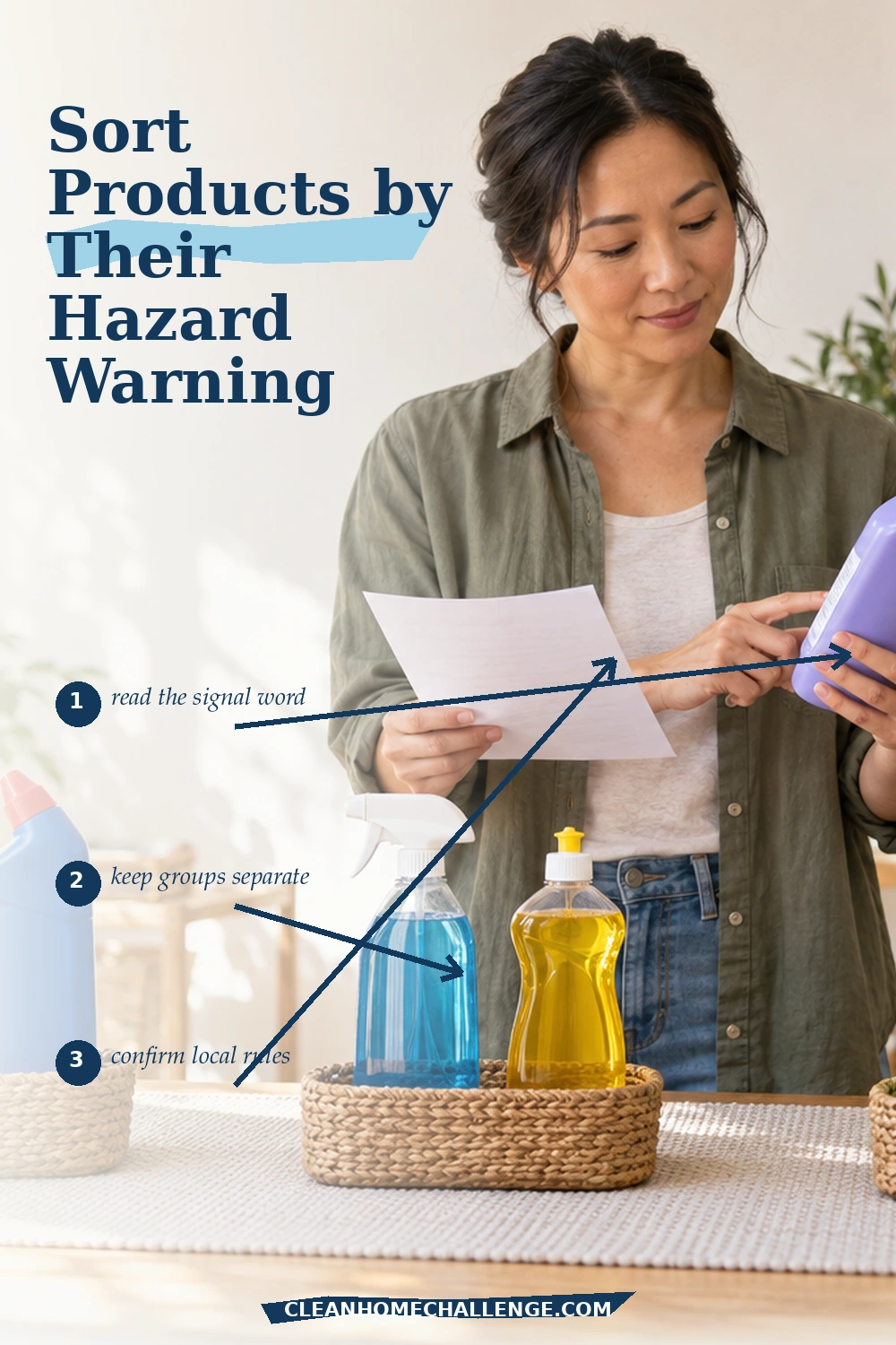 Woman comparing a cleaner label with a sorting checklist and separated products