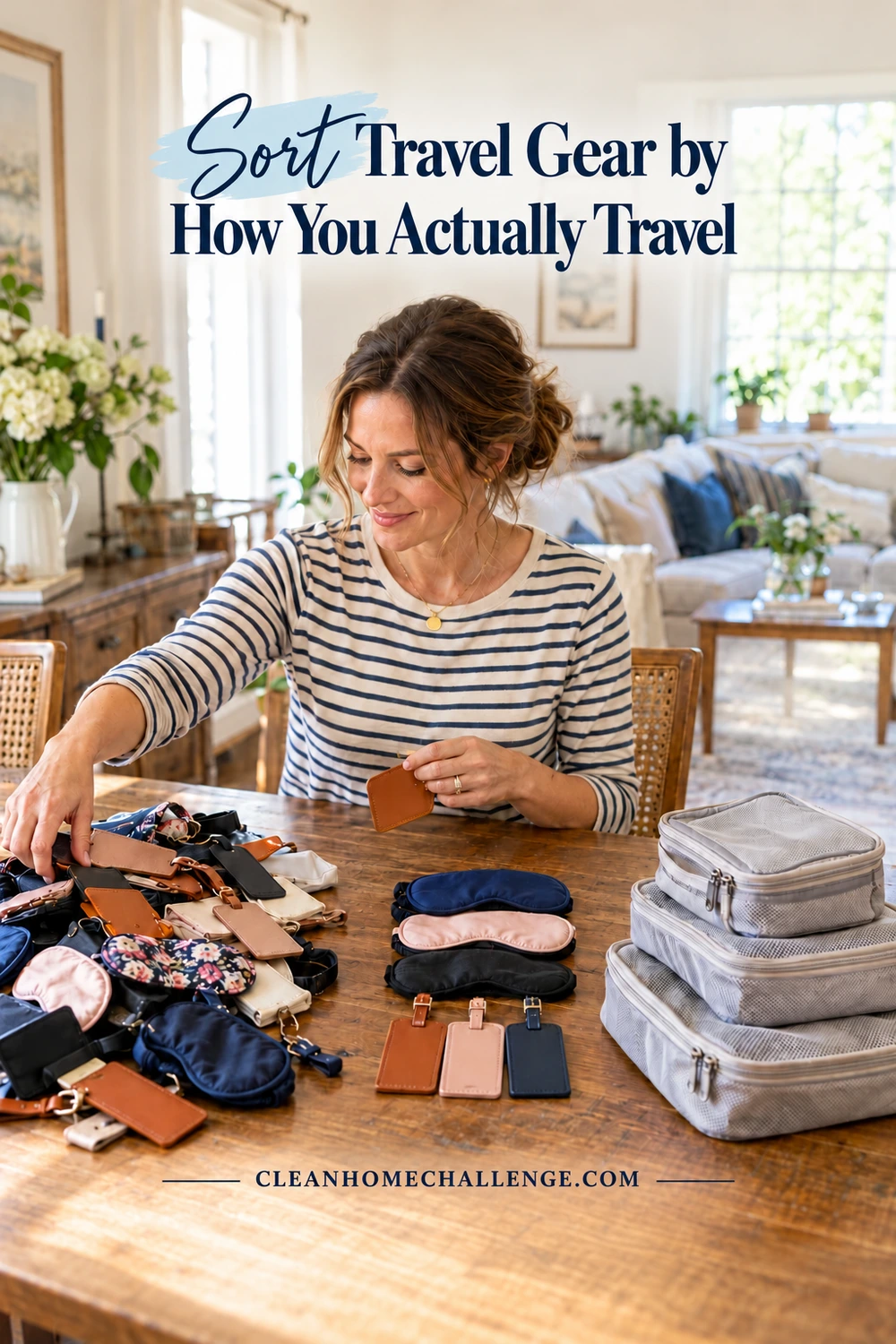 A woman sorts luggage tags and eye masks beside grouped packing cubes on a wooden table.