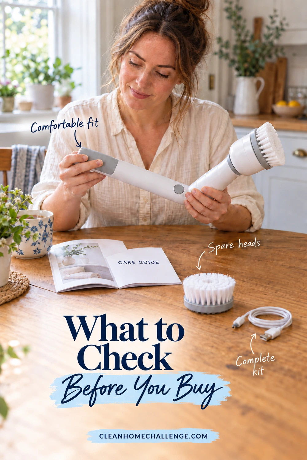Woman inspecting a handheld cordless scrubber at a wood table with an open care guide, a spare brush head, and an unplugged charging cable.
