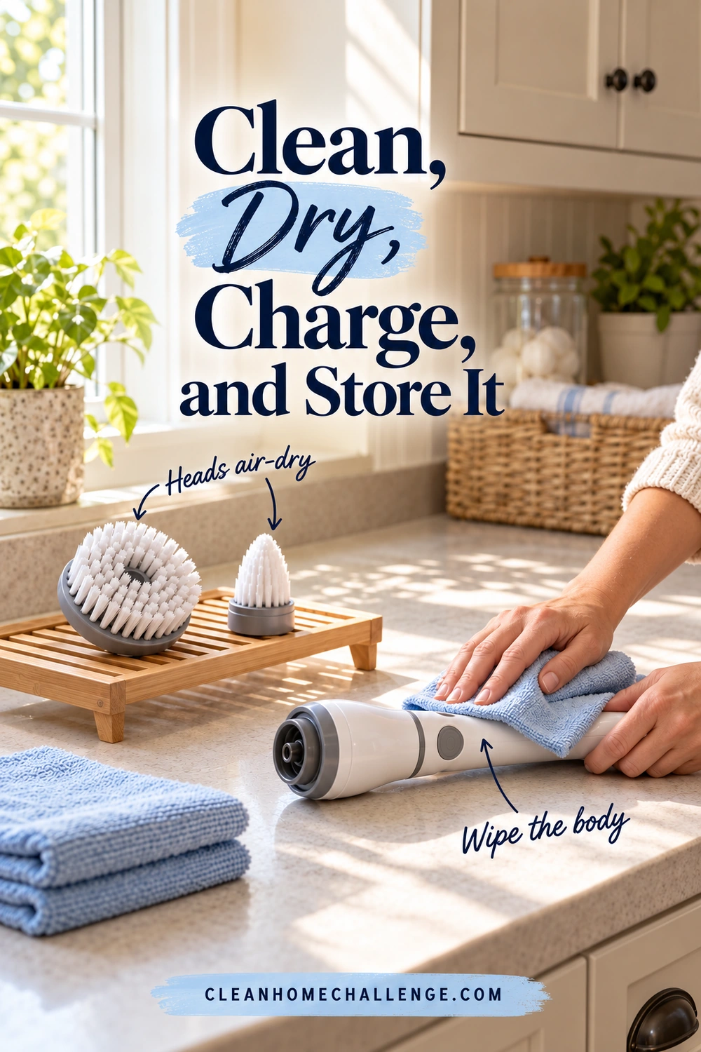 Two detached scrubber heads drying on an open wooden rack while adult hands wipe the switched-off tool body with a blue cloth on a laundry counter.