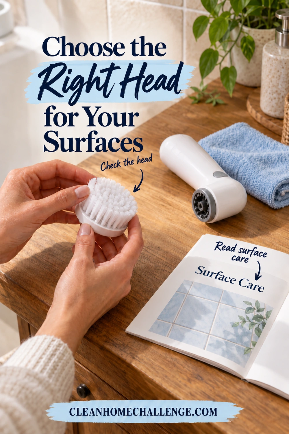 Two hands inspecting a detached round scrubber head beside the switched-off tool, a blue cloth, and an open Surface Care booklet.