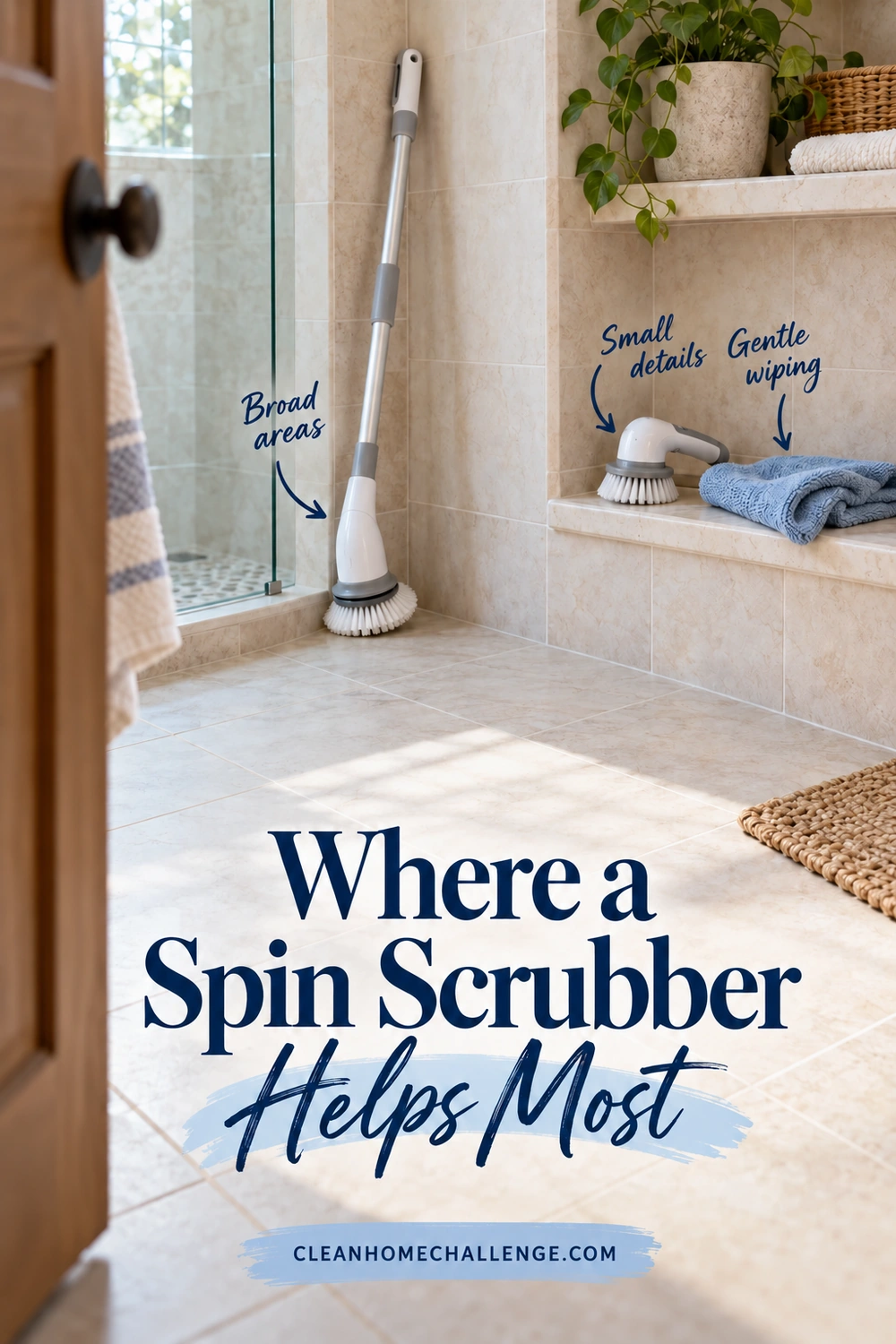 Long-handled spin scrubber resting beside shower tile, with a compact powered brush and folded blue cloth on a ledge.