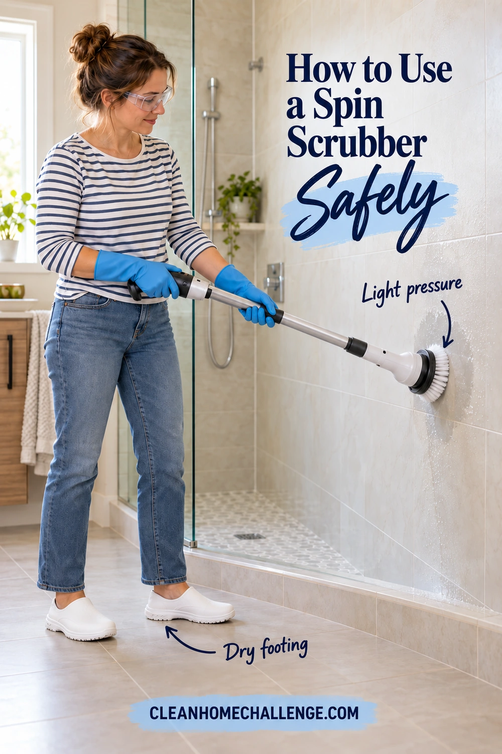Woman wearing blue gloves, clear safety glasses, and closed white shoes guiding a cordless scrubber against shower tile while standing on dry flooring.