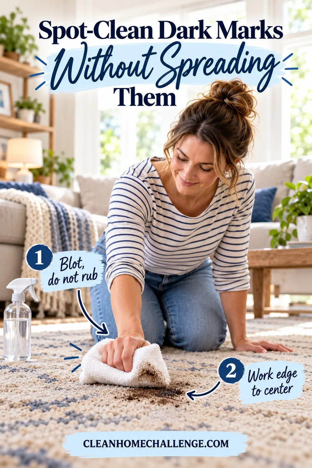 Woman blotting a brown carpet spot with a white towel while arrows show edge-to-center work.