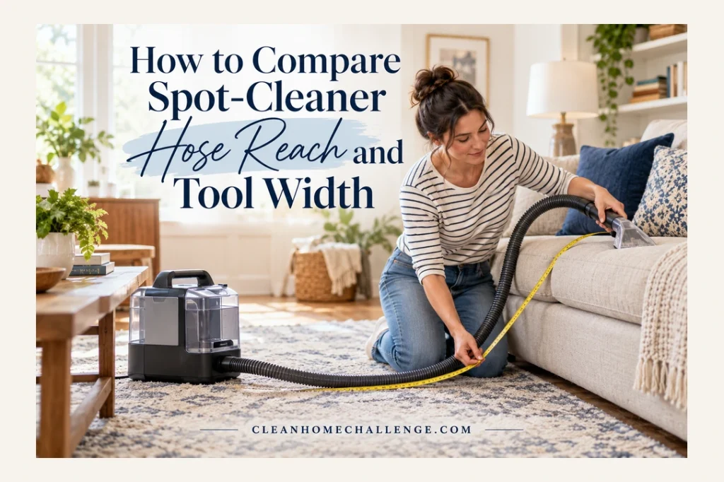 Woman measures a sofa route beside a portable spot cleaner, showing hose reach and tool width.