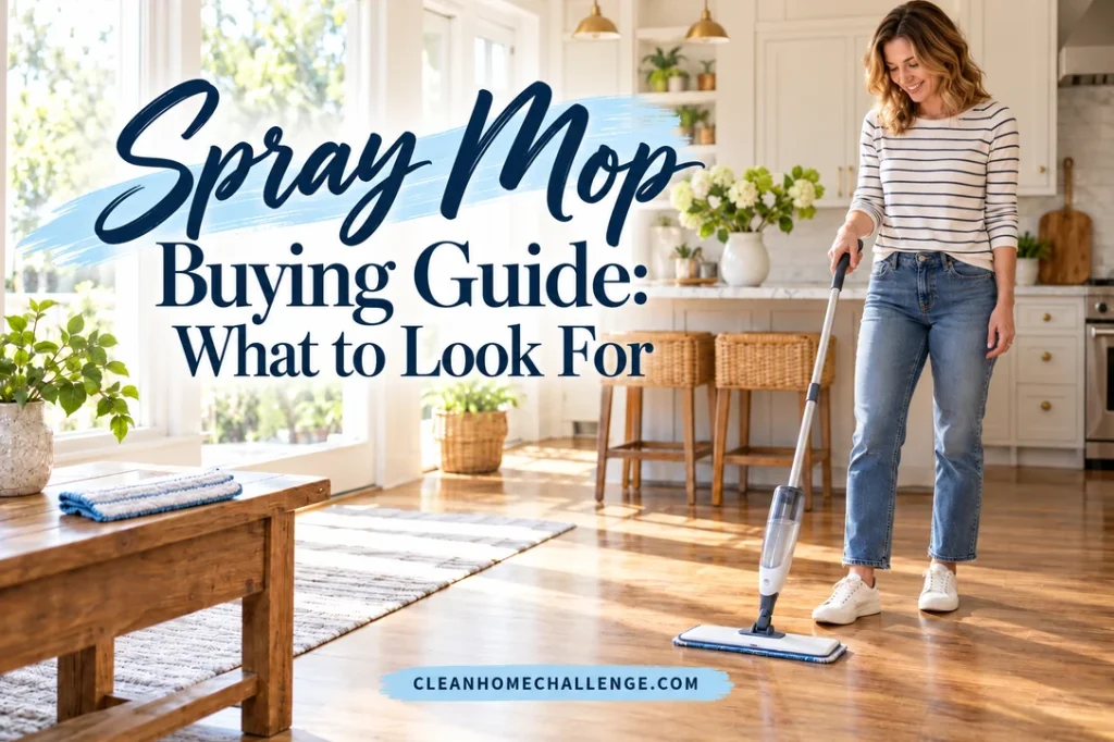 A woman holds a refillable spray mop in a sunny kitchen beside spare microfiber pads, under the spray mop buying guide title.