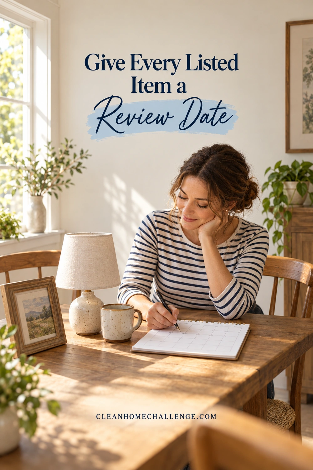 A woman checks a paper calendar at a wooden table beside a lamp, mug, and picture frame.