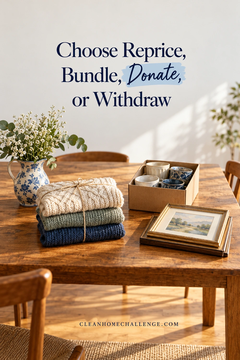 A vase, bundled sweaters, a box of cups, and picture frames sit in four groups on a wooden table.