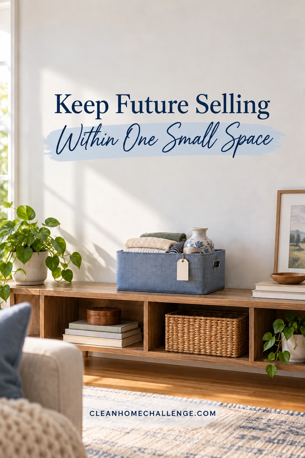 Folded clothes and a vase fit inside one blue fabric bin on a wooden living room shelf.