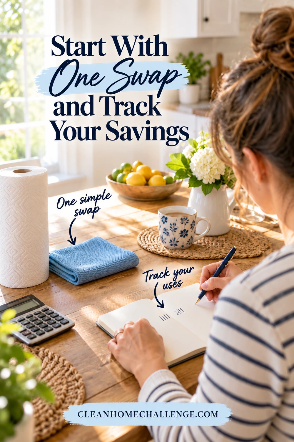 A woman records tally marks in a notebook beside a blue cloth, paper towel roll, and calculator on a kitchen table. The headline reads Start With One Swap and Track Your Savings.