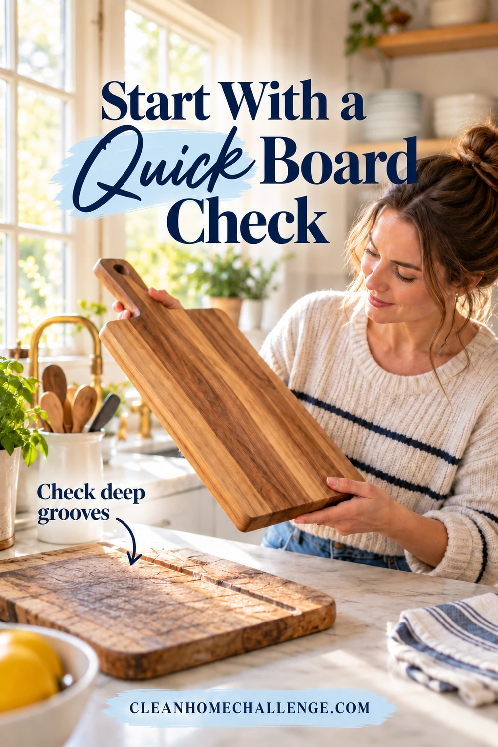 A woman inspects a wooden board beside an older board with a deep groove; an arrow highlights the groove.