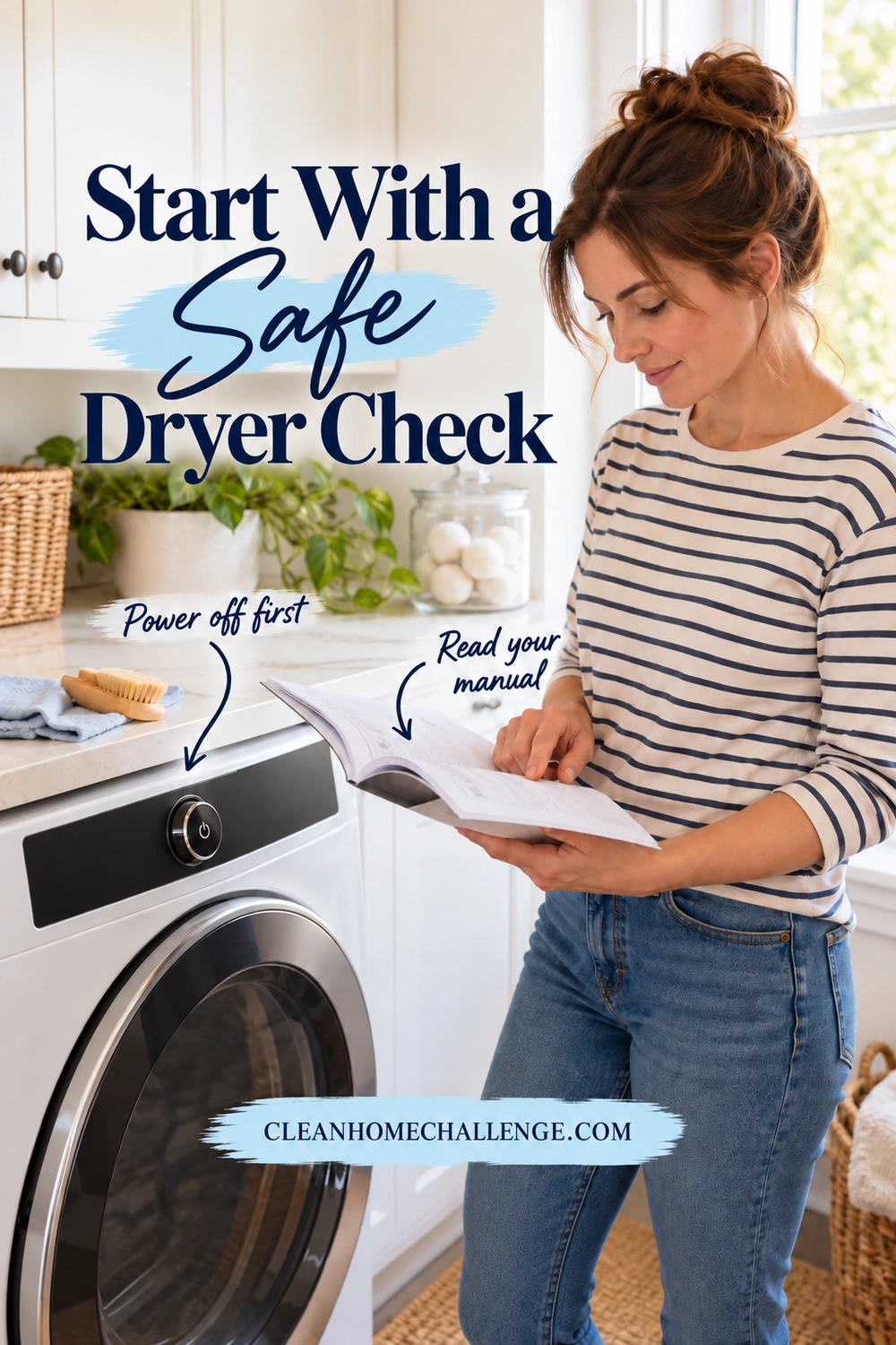 A woman reads an open instruction booklet beside a closed dryer, with a soft brush and folded blue cloth on the counter.