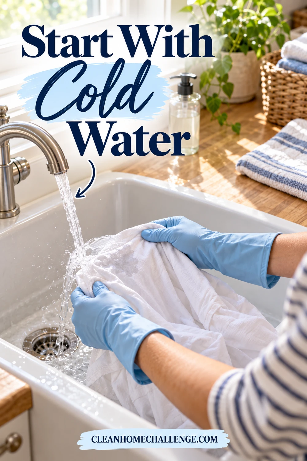 Blue-gloved hands hold white cotton beneath a running laundry sink faucet.