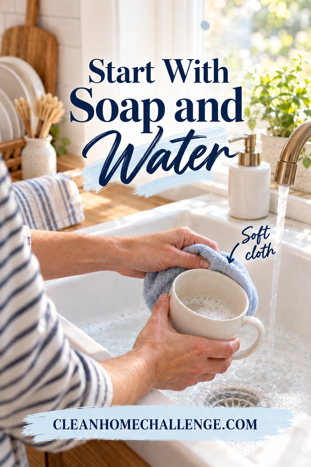 Hands support a cream ceramic mug over a sink while wiping its rim with a soft blue cloth; a little dish soap foam is visible inside.