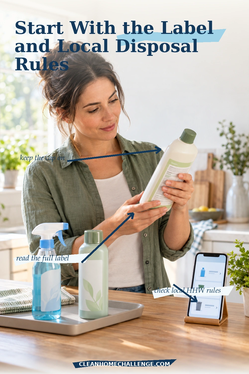 Woman reading a capped cleaner label beside a phone showing local disposal information