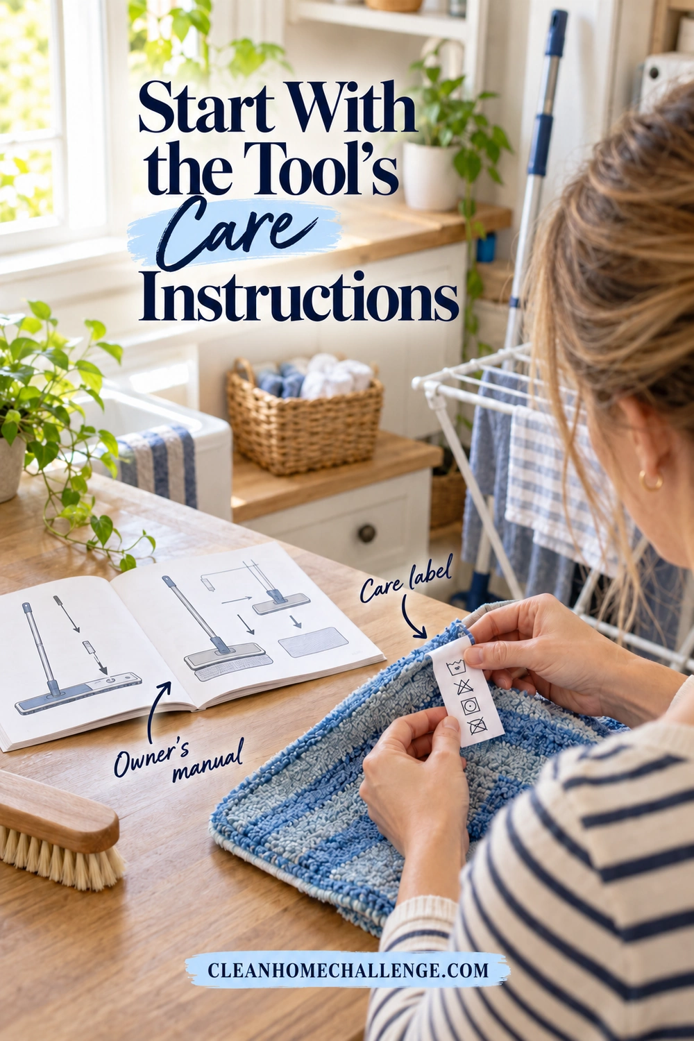 A woman checks a mop pad care tag beside an open illustrated owner's guide on a utility bench.