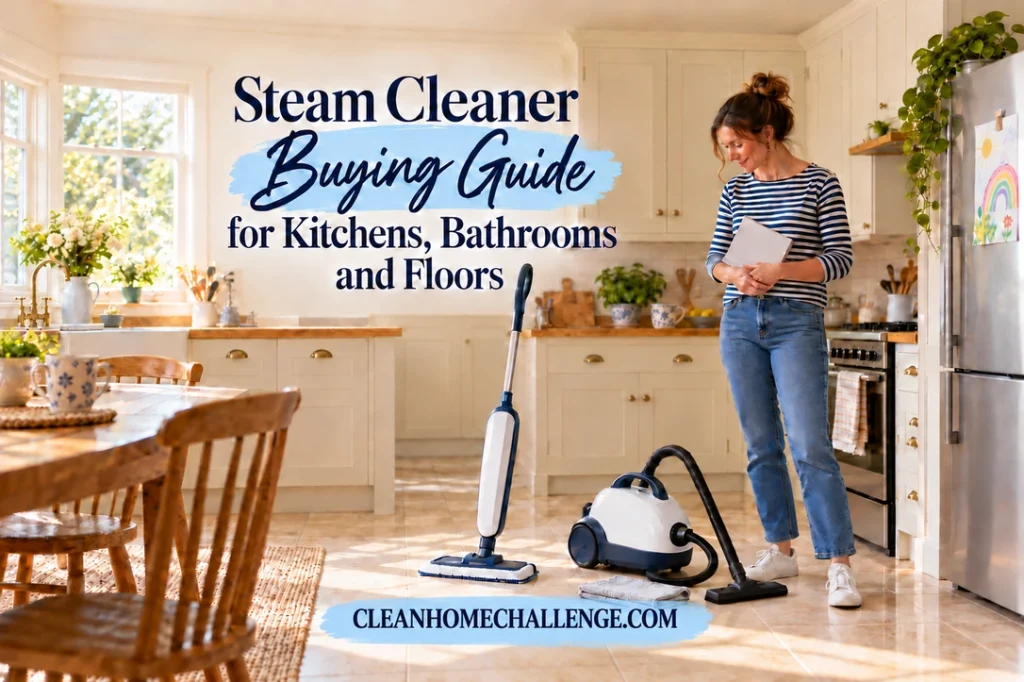 Woman comparing an upright steam mop and rounded canister cleaner in a family kitchen with the steam cleaner buying guide title.