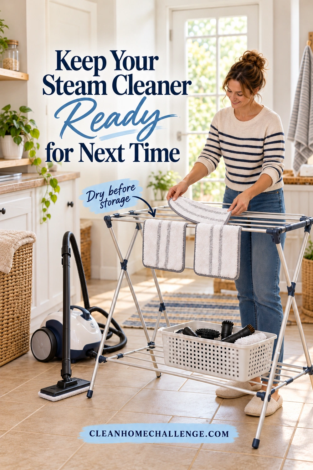 Woman hanging washable cleaner pads on a drying rack beside a basket of brushes and a cold canister cleaner.