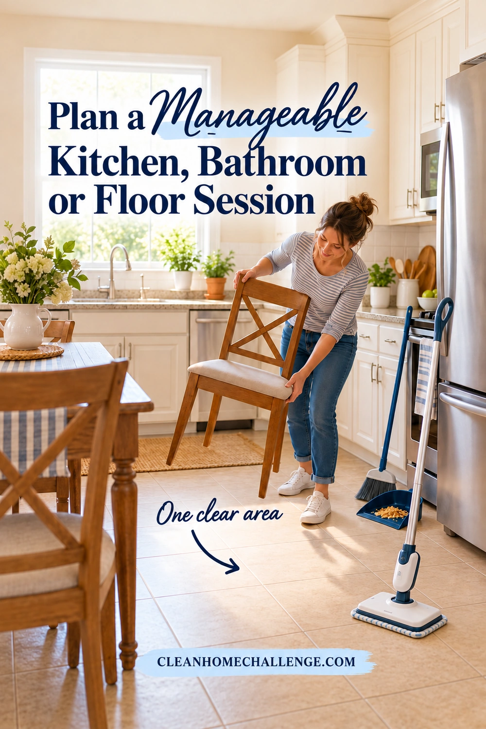 Woman moving a light dining chair from a kitchen tile floor, with a broom, dustpan and parked steam mop beside the cleared area.