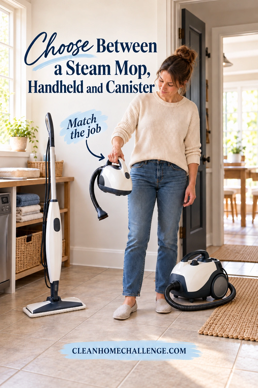 Woman holding a compact rounded handheld cleaner between an upright steam mop and a wheeled canister on a utility-room tile floor.