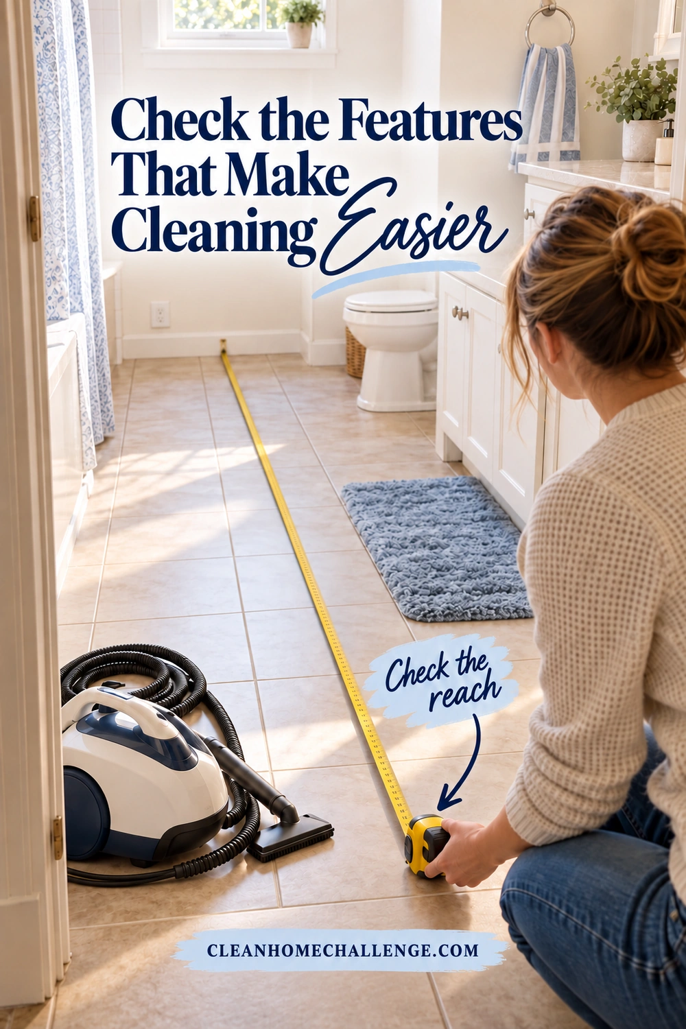 Woman measuring across a tiled bathroom with a tape measure while an unplugged canister cleaner rests by the doorway.