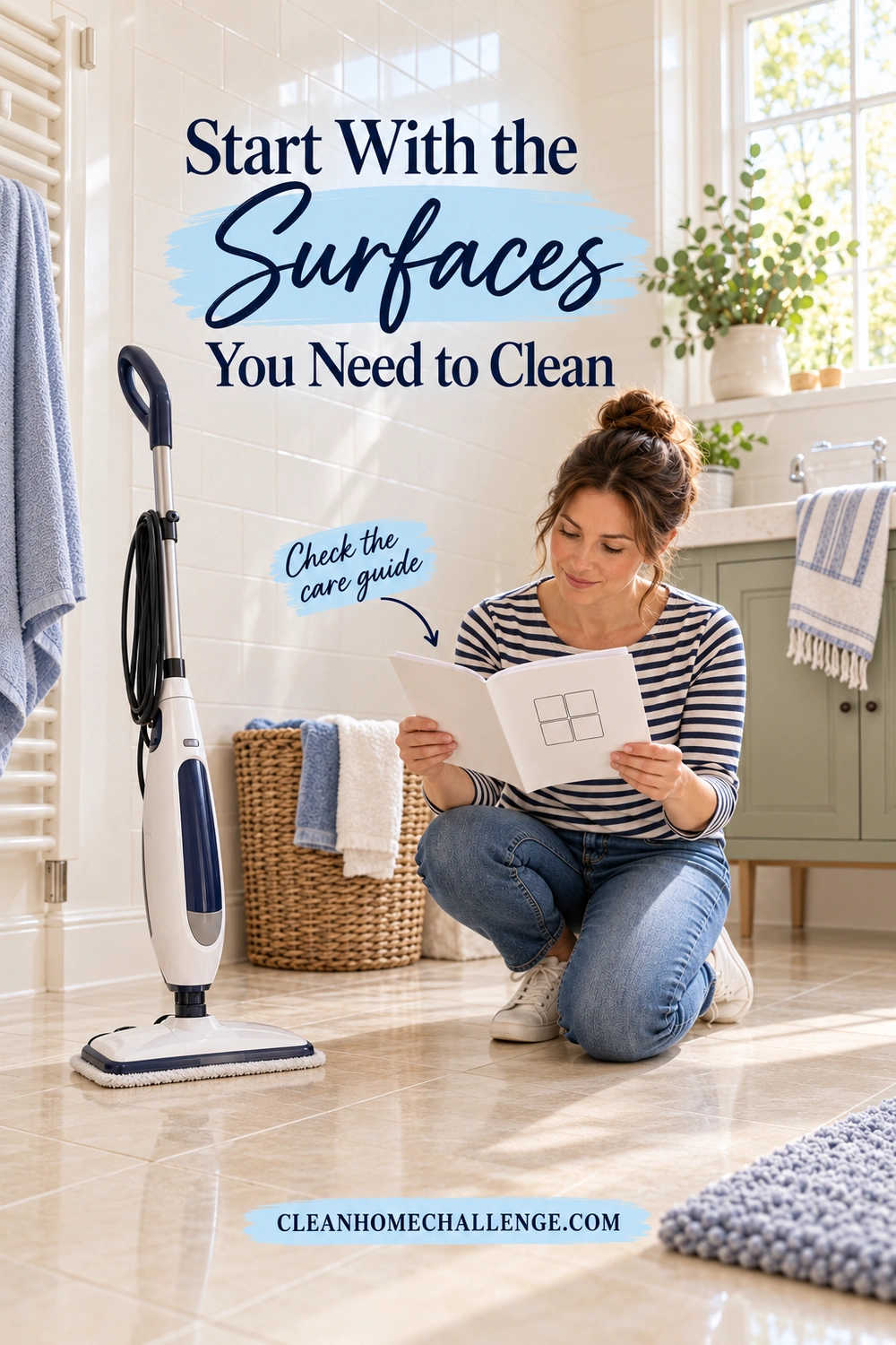 Woman kneeling on a ceramic-tile bathroom floor and reading a care booklet beside a parked steam mop, with a callout pointing to the guide.