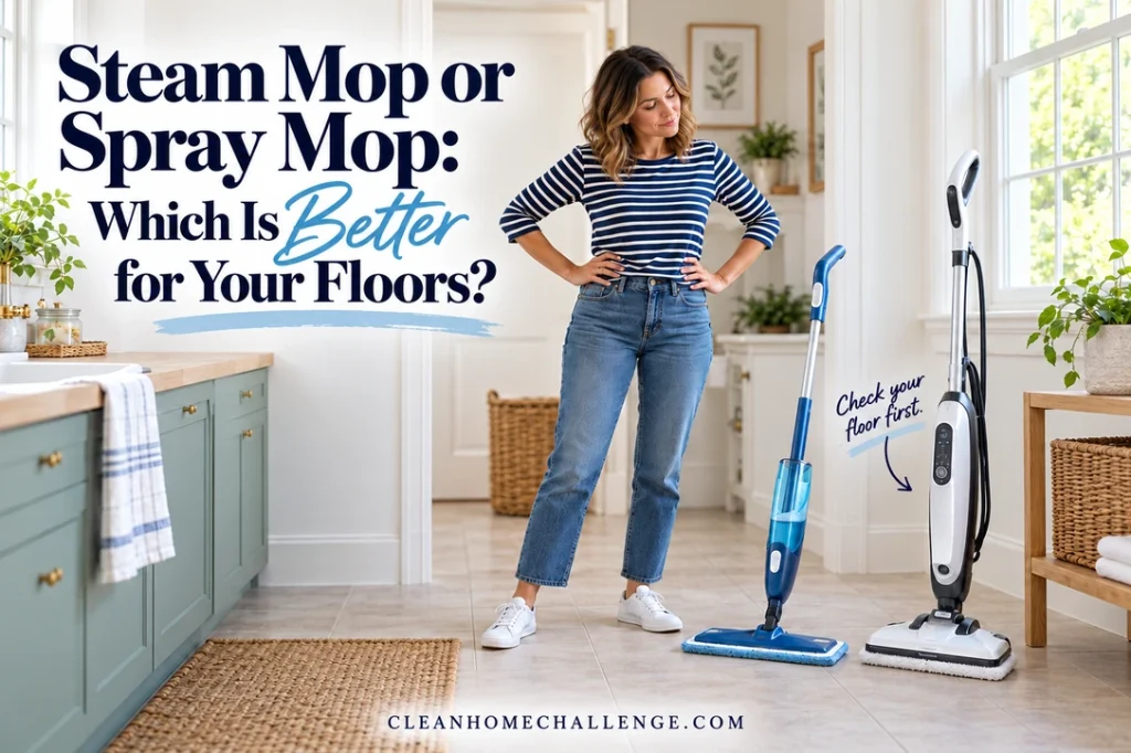 Woman comparing an inactive spray mop and an electric steam mop on a dry tiled kitchen floor.