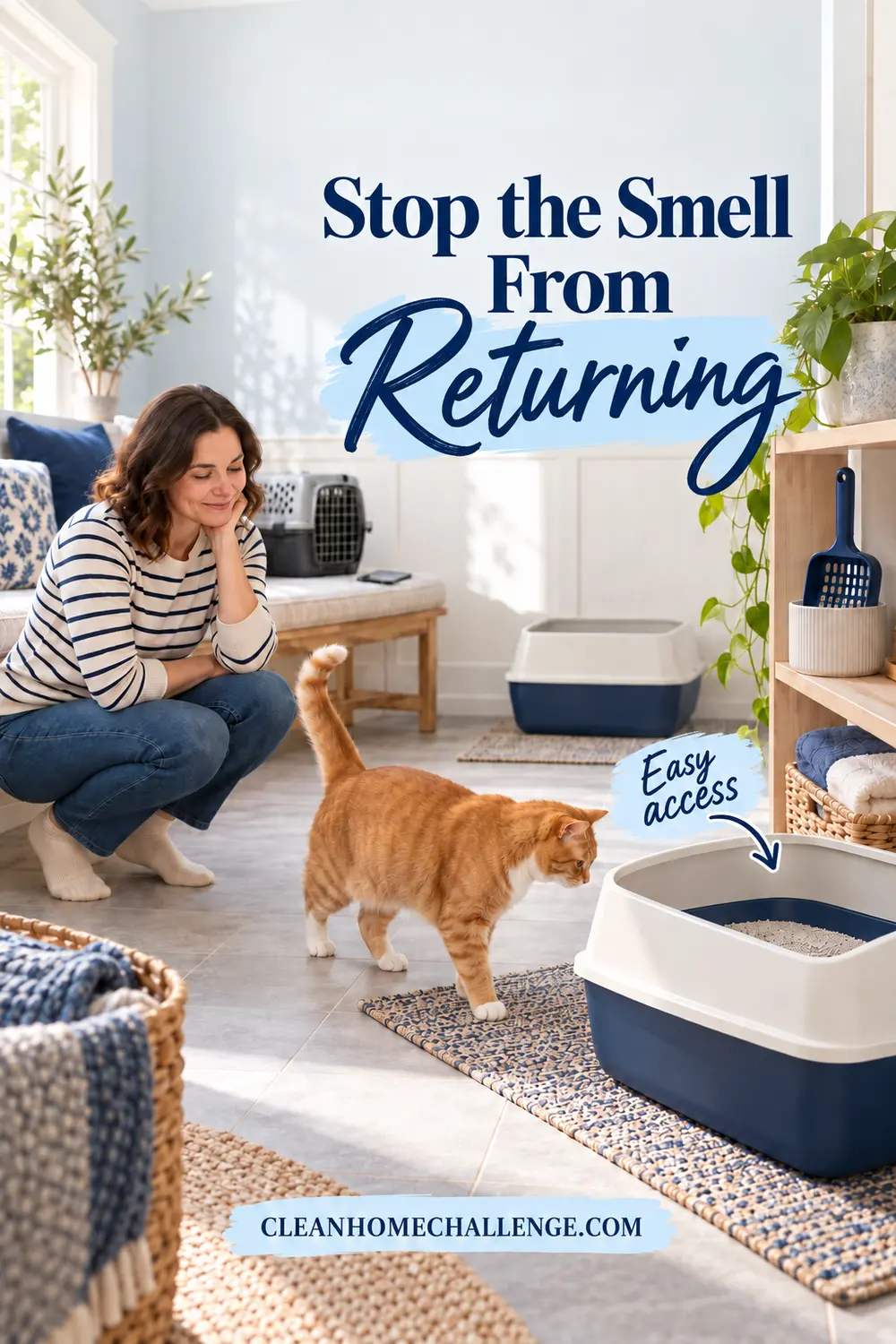 Woman watching a relaxed cat approach a clean litter box in a calm utility room