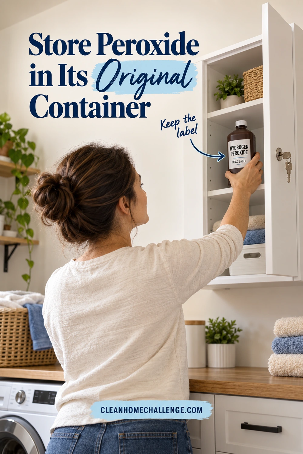 A woman reaches up to place a capped brown hydrogen peroxide bottle in a high cabinet with a keyed lock. A Keep the label arrow points to the product label below navy serif and brush-script lettering.